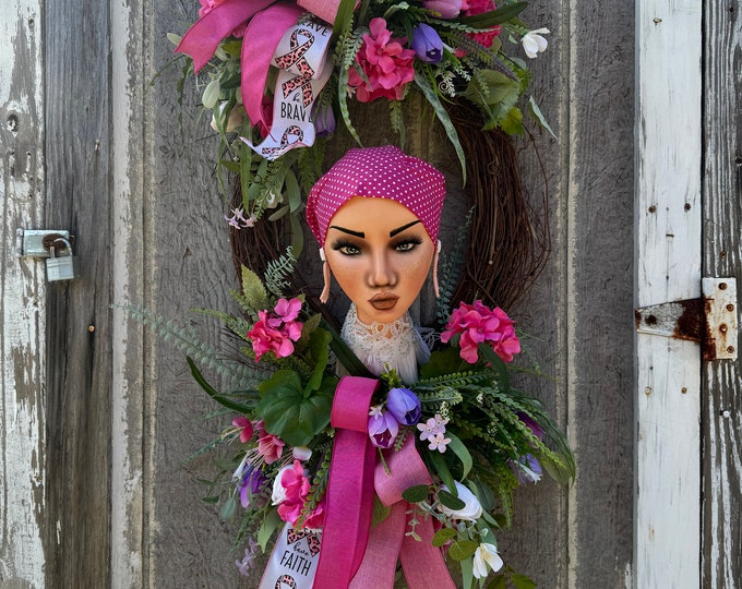 Breast Cancer Mannequin Head, Breast Cancer Wreath, Cancer Mannequin Decor, Breast Cancer Decor, Home Decor, Front Door Decor