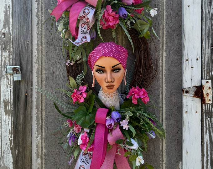 Breast Cancer Mannequin Head, Breast Cancer Wreath, Cancer Mannequin Decor, Breast Cancer Decor, Home Decor, Front Door Decor