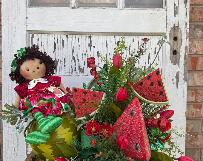 Watermelon Summer Centerpiece, Primitive Watermelon Doll Decor, Summer Table Decor, Farmhouse Watermelon Arrangement, Kitchen Table Decor