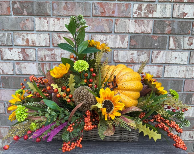 Large Fall Pumpkin Centerpiece, Sunflower Thanksgiving Table Decor, Autumn Floral Arrangement, Rustic Harvest Centerpiece, Home Decor, Fall