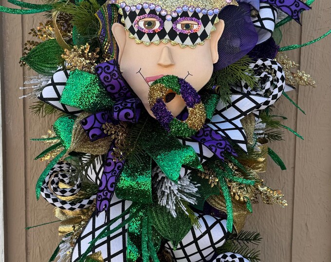 Mardi Gras Jester Swag, Mardi Gras Swag, Mardi Gras Decor, Mardi Gras Design, Front Door Decor, Front Door Swag, Home Decor