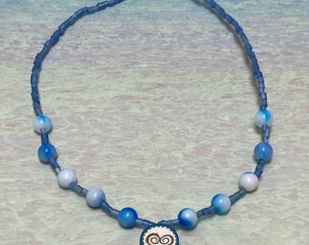 Blue Clay Heart Beaded Wire Necklace, Blue Beaded Necklace, Beaded Heart Necklace, Blue Heart Necklace