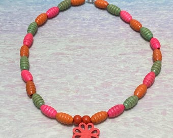 Pink Green Orange Flower Wooden Beads String Necklace, Wood Flower Necklace, Beaded Flower Necklace, Orange Flower Necklace
