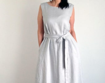 Long light grey natural linen sleeveless summer Bridesmaid dress with belt