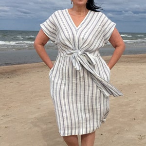 Straight washed striped linen mid calf dress with short kimono sleeves and pockets, deep V-neck linen sundress with belt image 1