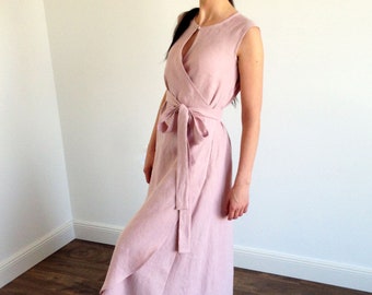 Linen loose dress, linen wrap dress with pockets, linen summer dress, pink linen dress, maxi length dress, long linen dress, women&#39;s dresses