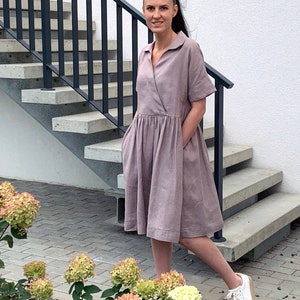 Soft Washed Linen Dusty Lilac Loose Dress With Collar and - Etsy