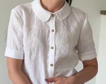 Chemises en lin avec col et boutons en bois / Chemisier en lin lavé blanc ivoire à manches courtes / Cadeau pour femme / MaTuTu Linen Style