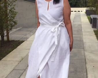 Linen wrap maxi length sleeveless dress with pockets, long loose washed linen white comfortable summer dress