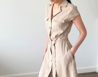 Washed linen beige safari summer mid dress with pockets belt and collar, light brown linen mid calf shirtdress with white shells buttons