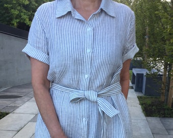 Washed linen mid calf shirt style casual dress with pockets belt and collar, striped white grey soft linen summer shirtdress with buttons