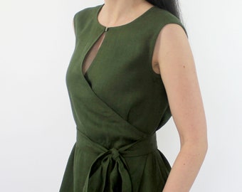 Linen Wrap Maxi Length Sleeveless Dress with Pockets, Long Loose Washed Linen Dark Moss Green Comfortable Summer Dress