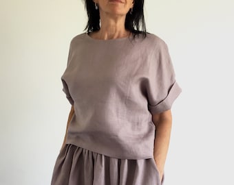Leinen Kimono Top, Leinenbluse, Leinenbluse mit kurzen Ärmeln, Kimonoärmel Hemd, lockere Leinenbluse, breites Leinenoberteil, Bio Kimonobluse