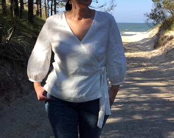 Wrap white washed linen blouse with 3/4 length bishop sleeves, V-neck wrap natural linen top