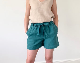 Washed linen viridian blue loose shorts with elastic regular waist and side pockets, natural boho linen shorts with belt for women