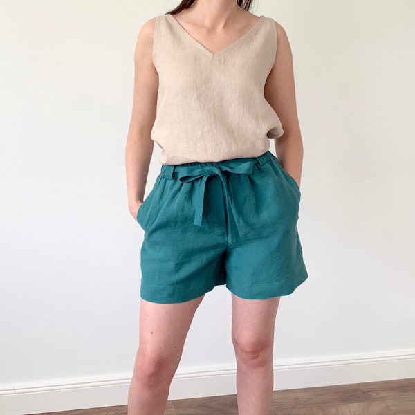 Washed linen viridian blue loose shorts with elastic regular waist and side pockets, natural boho linen shorts with belt for women