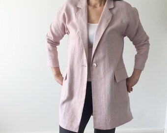 Long sleeves light pink washed linen oversized blazer with collar and pockets, Long linen jacket with button and collar, MaTuTu Linen Style