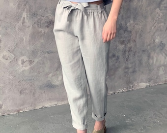 Elastic waist natural light grey linen pants with belt and pockets, washed linen loose fit  comfortable summer trousers for women's, MaTuTu