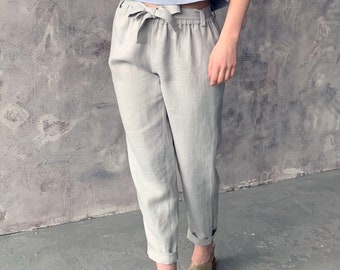 Elastic waist natural light grey linen pants with belt and pockets, washed linen loose fit  comfortable summer trousers for women's, MaTuTu