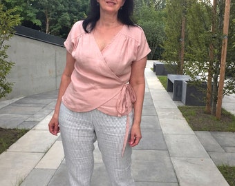 Wrap washed linen cream pink blouse with kimono short sleeves, V-neck wrap natural linen summer top