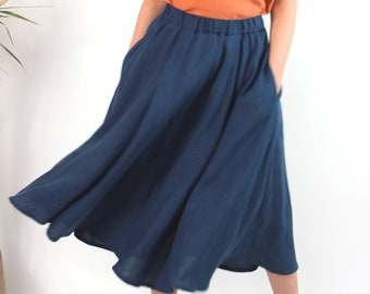 Washed linen mid-calf circle&skater style navy blue skirt with elastic waistband and pockets, very wide linen casual and comfortable  skirt