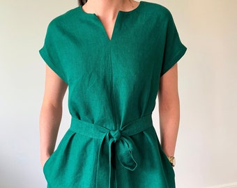 Linen loose emerald green midi length dress, linen shift dress with belt and pockets, linen sundress, green linen tunic,