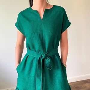 Linen loose emerald green midi length dress, linen shift dress with belt and pockets, linen sundress, green linen tunic,