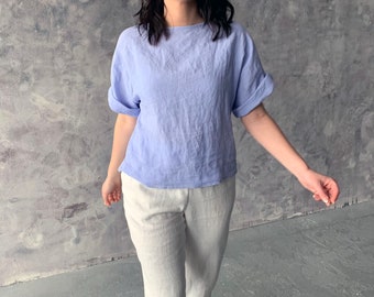 Loose kimono blouse with short sleeves from natural organic washed linen, Lilac blue linen women's wide top with elbow sleeves