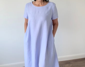 Extra loose long linen dress with short sleeves and pockets, washed linen maxi dress suitable for maternity