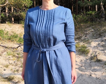 Linen long sleeves oversized blue dress, loose modern minimalist linen autumn dress, wide washed linen dress with pockets and ruffles