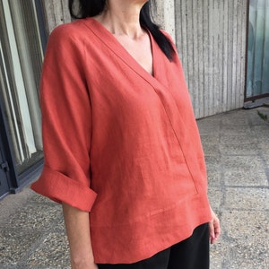 Leinen Kimono Shirt Damen, Leinen Bluse, Hemden für Frauen, 3/4 Ärmel Leinen Top, V-Ausschnitt Shirt, Kimono Ärmel Leinen Hemd, ziegelrotes Top