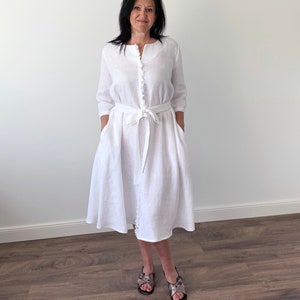 Extra loose white linen dress with pockets and belt, Linen dress with 3/4 sleeves  loose and suitable for maternity, MaTuTu Linen Style