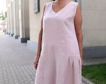 Loose linen maxi dress, oversized linen dress, modern minimalitic long summer soft linen dress, long linen sleeveless light pink dress