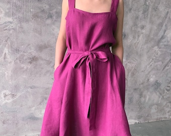 Linen loose  sleeveless dress with belt and pockets, wide linen summer cyclamen dress, maternity linen summer pink casual comfortable dress