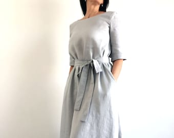 Linen maxi dress with belt, loose linen casual dress , modern minimalist dress, long summer soft dress,  light grey with pockets snd sleeves