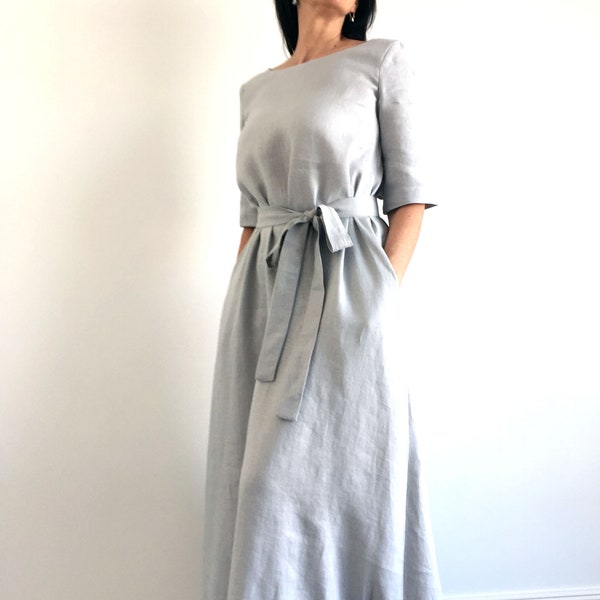 Linen maxi dress with belt, loose linen casual dress , modern minimalist dress, long summer soft dress,  light grey with pockets snd sleeves