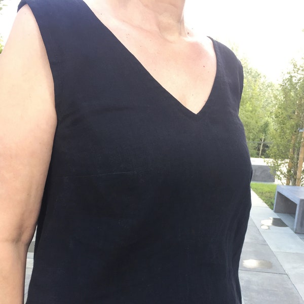Washed linen black sleeveless v-neck tank top, summer sleeveless linen blouse, women's loose linen casual tank top, MaTuTu Linen Style