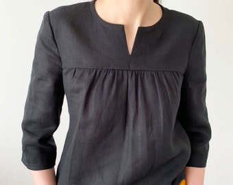 Linen loose blouse, black linen top,  3/4 sleeves shirt, comfortable blouse, washed and sof black linen handmade top, MaTuTu Linen Style