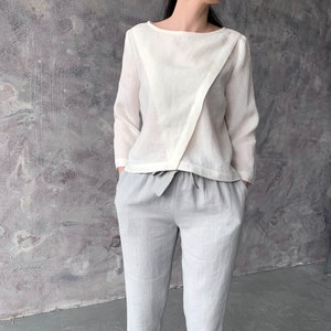 Blusa solta de linho puro branco estilo japonês com mangas compridas, blusa casual minimalista de linho lavado com mangas, estilo linho MaTuTu