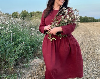 Marsala rotes Kleid - Lockeres Leinenkleid - Sommerkleid mit langen Ärmeln - Langes Leinenkleid - Handmade by Matutulinenstyle.