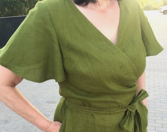 Linen wrap dress with bell-shaped sleeves sleeves and pockets, moss green linen wrap A-shape knee length dress with short sleeves