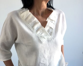 Linen loose wait summer blouse for woman with 3/4 kimono sleeve and V neckline with ruffles  shirt Matutu linen style