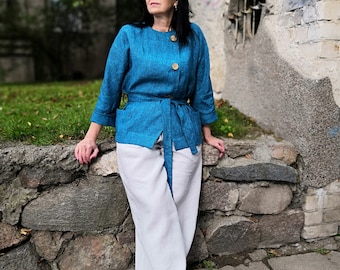 Leinenjacke, Leinenjacke, Jacke mit Gürtel, Kimono Jacke, Kimono Blazer mit langen Ärmeln, Leinen Blazer mit Taschen, Türkis blau