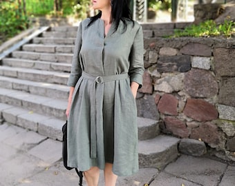 Linen dress with belt, washed linen dress with long sleeves, Linen clothing for women, midi linen dress, greyish green dress with pockets