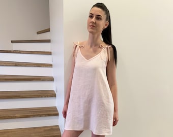 Linen light pink nightdress, natural washed linen nighgown, pure linen night dress for women, loose soft linen  sleeveless night gowns