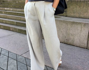 Washed and soft natural linen loose trousers with pockets, light grey loose fit linen bottoms for womens, wide linen pants with pockets