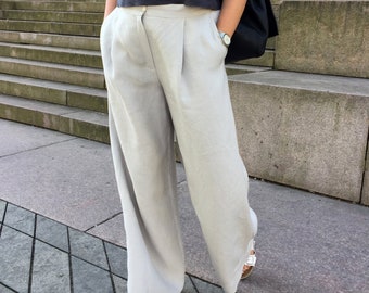 Pantalon ample en lin naturel lavé et doux avec poches, bas ample en lin gris clair pour femme, pantalon large en lin avec poches