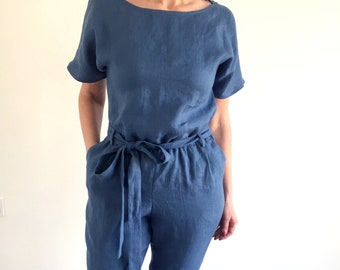 Washed linen jumpsuit with short sleeves and elastic waist, blue linen overalls  with belt for women, MaTuTu Linen Style