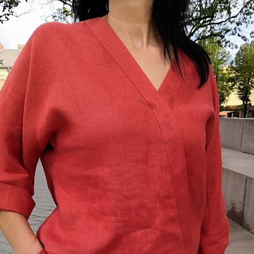 Loose Modern 3/4 Sleeves Japanese Style Linen Top With Vneck Etsy