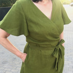 Linen wrap dress with bell-shaped sleeves sleeves and pockets, moss green linen wrap A-shape knee length dress with short sleeves
